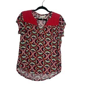 Anthropologie Porridge Top Womens Size Medium Red Boho Chic Smocked Shoulder